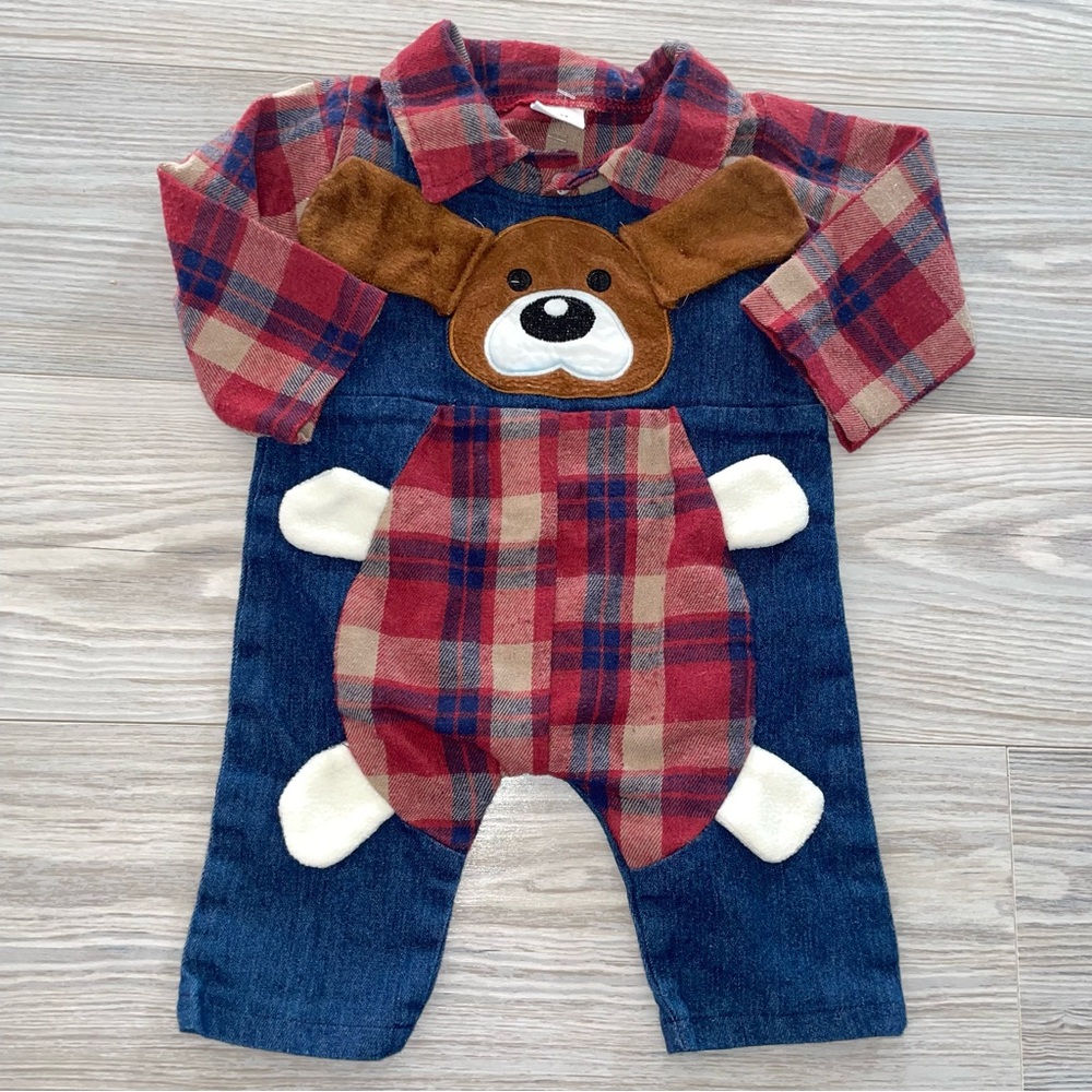 Baby Boys Overalls Outfit Plaid Shirt & Blue Overalls Dog 0–3 Months